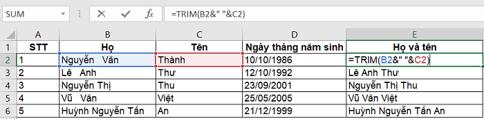 Ví dụ về cách dùng hàm TRIM