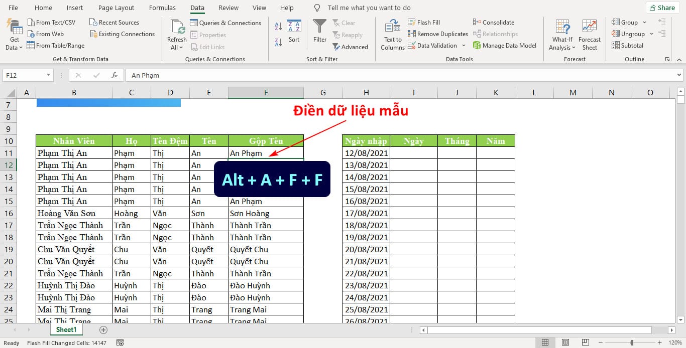 Dùng Flash Fill Để gộp dữ liệu trong Excel