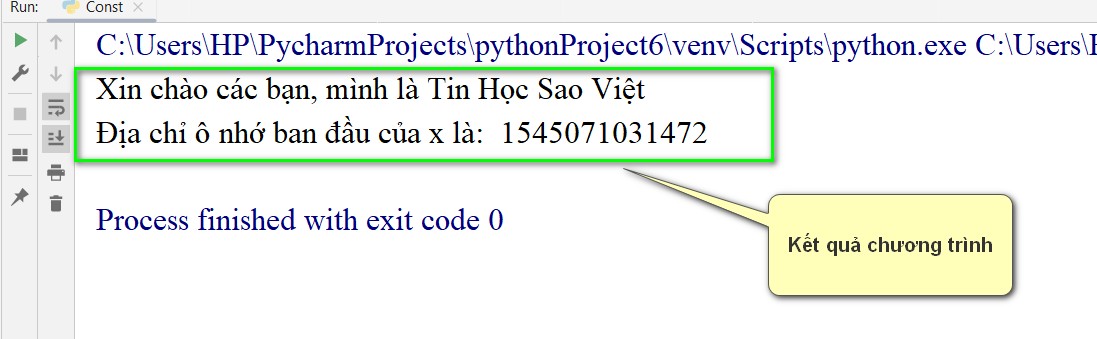 Kết quả in ra dữ liệu và địa chỉ ô nhớ