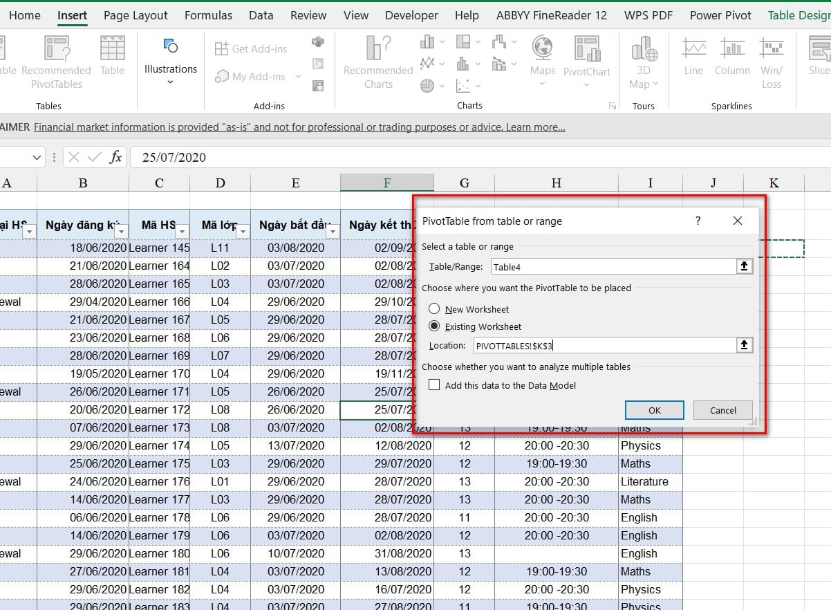 thiết lập tùy chọn pivot table
