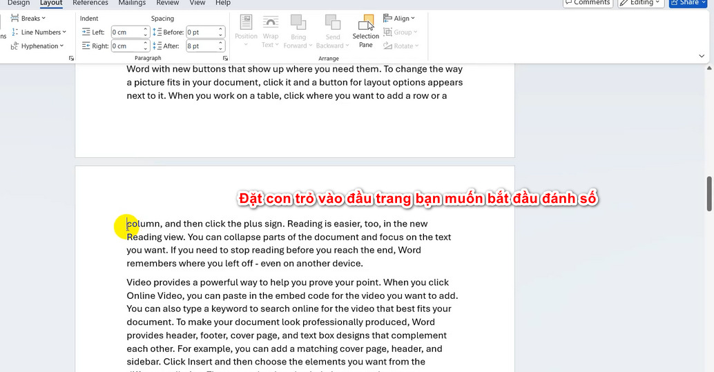 Đặt con trỏ chuột ở đầu trang